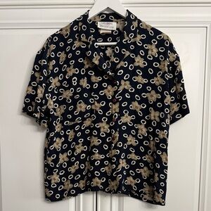 Louben Size 10 Short Sleeve Button Up Blouse/Shirt Navy w/Tan + White Print VTG